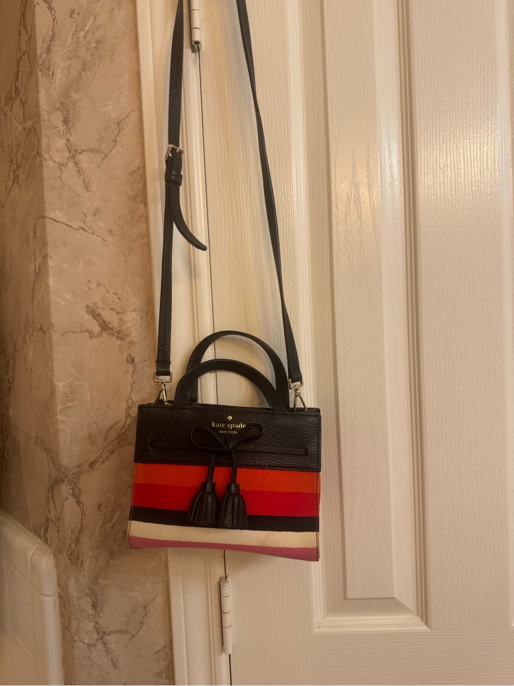 kate spade Black Multicolor Striped Mini Crossbody with Tassels